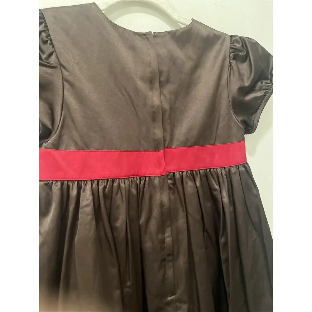 Gymboree Dress Girls Size 10 Brown‎ Satin Puff Sleeve Red Sash Flower Holiday